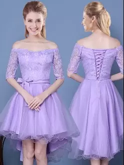 Custom Fit Lavender A-line Off The Shoulder Half Sleeves Tulle High Low Lace Up Lace and Bowknot and Belt Quinceanera Dama Dress