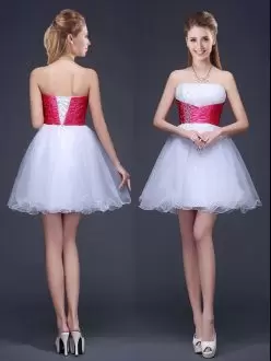 A-line Bridesmaids Dress White Strapless Organza Sleeveless Mini Length Lace Up