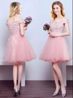 A-line Bridesmaid Gown Pink Off The Shoulder Tulle Sleeveless Mini Length Lace Up