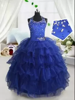 Royal Blue Ball Gowns Organza Halter Top Sleeveless Beading and Ruffled Layers Floor Length Lace Up Little Girls Pageant Gowns