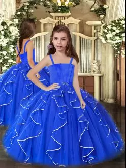 Straps Sleeveless Lace Up Pageant Dresses Royal Blue Tulle Ruffles