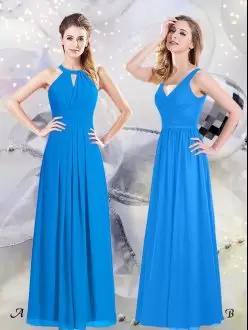 Enchanting Baby Blue Chiffon Zipper Halter Top Sleeveless Floor Length Bridesmaids Dress Ruching
