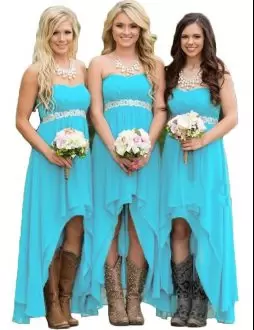 Ideal Turquoise Chiffon Zipper Sweetheart Sleeveless High Low Wedding Party Dress Beading and Appliques and Pleated