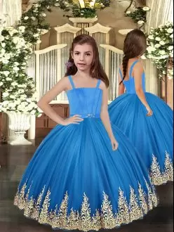 Top Selling Ball Gowns Little Girl Pageant Dress Baby Blue Straps Tulle Sleeveless Floor Length Lace Up