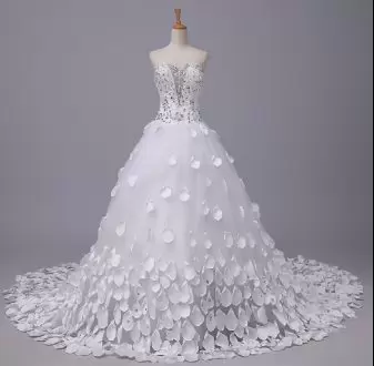 White Tulle Lace Up Wedding Dress Sleeveless Chapel Train Beading