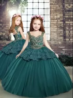 Excellent Sleeveless Straps Side Zipper Floor Length Beading and Appliques Child Pageant Dress Straps