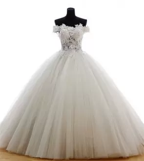 Graceful Off The Shoulder Sleeveless Sweep Train Clasp Handle Bridal Gown White Tulle Beading