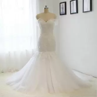 Edgy Lace Up Wedding Dress White for Wedding Party with Beading and Appliques Sweep Train