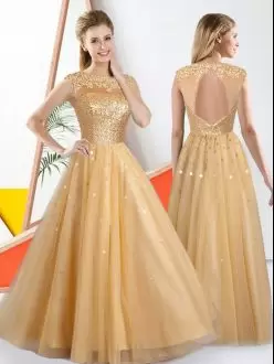 Champagne A-line Bateau Sleeveless Tulle Floor Length Backless Beading and Lace Bridesmaid Gown