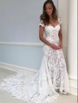 Best Selling White Sweetheart Lace Wedding Dresses Lace Cap Sleeves Court Train