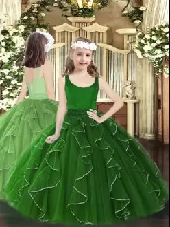 Floor Length Dark Green Pageant Dress for Teens Organza Sleeveless Beading and Ruffles