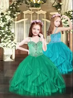 Lovely Ball Gowns Pageant Dress for Girls Turquoise Spaghetti Straps Tulle Sleeveless Floor Length Lace Up