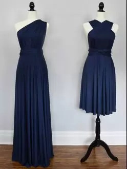 Navy Blue Halter Top Lace Up Ruching Bridesmaid Dress Sleeveless