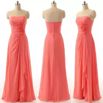 Coral Red Empire Chiffon Strapless Sleeveless Ruching Floor Length Zipper Bridesmaid Dress