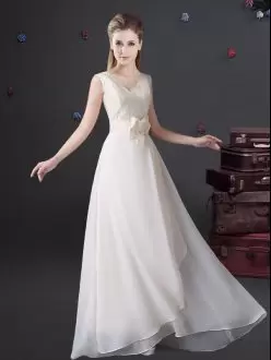White Empire Chiffon V-neck Sleeveless Lace and Bowknot Floor Length Zipper Bridesmaids Dress