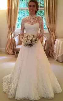 Exceptional White A-line High-neck Long Sleeves Tulle Backless Lace Wedding Dress