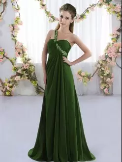 High Quality Olive Green One Shoulder Neckline Beading Bridesmaid Gown Sleeveless Lace Up