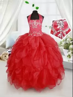 Red Sleeveless Organza Lace Up Glitz Pageant Dress for Quinceanera and Wedding Party