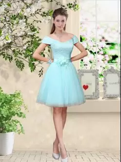 Cap Sleeves Knee Length Lace and Belt Lace Up Bridesmaid Dress with Aqua Blue