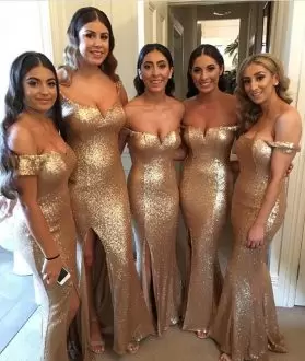 Off Shoulder Fully Golden Sequins Mermaid Bridesmaid Dress with Slit