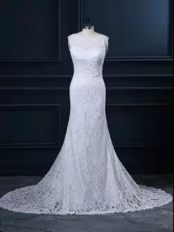 Amazing Scoop Sleeveless Wedding Gown Brush Train Lace White Lace