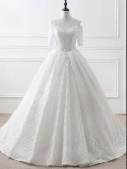White Wedding Dresses Lace Sweep Train Half Sleeves Lace
