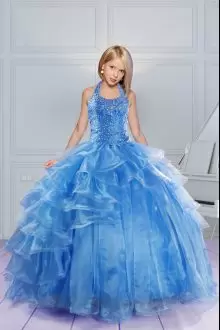 Unique Baby Blue Halter Top Lace Up Beading and Ruffles Little Girls Pageant Dress Sleeveless