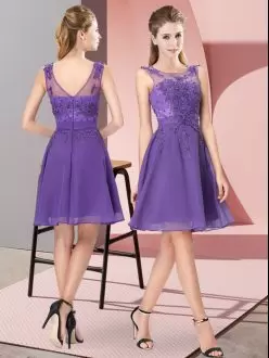 Deluxe Scoop Sleeveless Zipper Bridesmaid Dress Lavender Chiffon Appliques