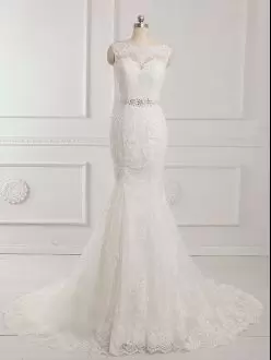 Colorful White Wedding Dress Scalloped Sleeveless Brush Train Backless
