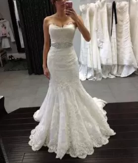 White Mermaid Beading and Appliques Wedding Gowns Lace Up Tulle Sleeveless With Train