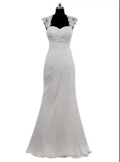 Artistic Cap Sleeves Floor Length Lace Side Zipper Bridal Gown with White
