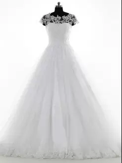 Captivating White Ball Gowns Tulle and Lace Scoop Short Sleeves Lace and Appliques With Train Clasp Handle Wedding Gown Brush Train