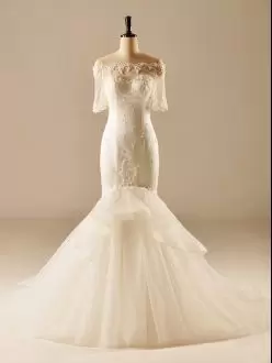 Fantastic Half Sleeves Beading and Lace Zipper Bridal Gown with White Brush Train
