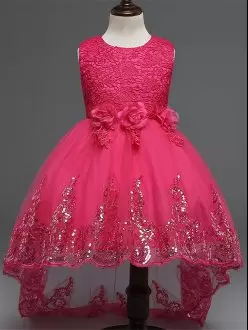 Hot Sale Lace and Appliques and Bowknot and Hand Made Flower Girls Pageant Dresses Hot Pink Zipper Sleeveless High Low