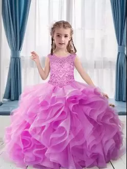 Pink Lace Up Sweetheart Cap Sleeves Floor Length Little Girl Pageant Dress Sweep Train Beading