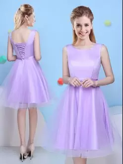 Scoop Sleeveless Bridesmaids Dress Knee Length Bowknot Lavender Tulle