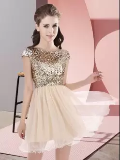 Modest Champagne Bridesmaid Dress Prom and Party and Wedding Party with Sequins Scoop Cap Sleeves Zipper