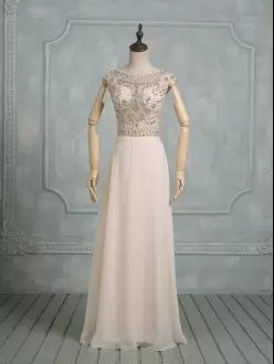 Adorable Champagne Empire Scoop Cap Sleeves Chiffon Floor Length Zipper Beading Wedding Dress