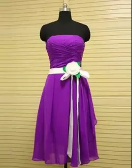 High End Chiffon Strapless Sleeveless Side Zipper Sashes ribbons and Ruching Wedding Guest Dresses in Purple