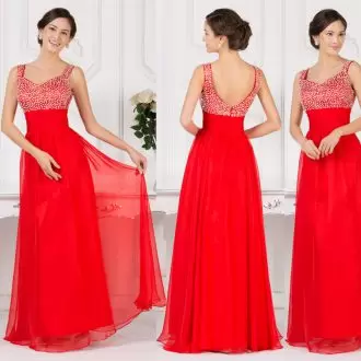 Romantic Red Sleeveless Floor Length Beading Zipper Bridesmaids Dress Scoop