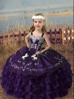 Elegant Purple Straps Neckline Embroidery and Ruffled Layers Little Girl Pageant Dress Sleeveless Lace Up