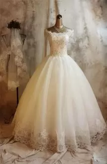 Amazing Champagne Lace Up Bridal Gown Beading and Lace and Appliques Short Sleeves Floor Length