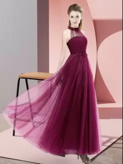 Luxurious Fuchsia Tulle Lace Up Bridesmaids Dress Sleeveless Floor Length Beading and Appliques
