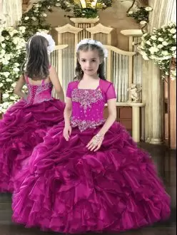 Fuchsia Organza Lace Up Little Girl Pageant Gowns Sleeveless Floor Length Beading and Ruffles