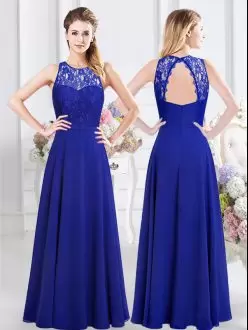 Royal Blue Sleeveless Floor Length Lace Backless Wedding Party Dress Scoop