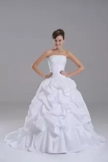 Elegant Strapless Sleeveless Celebrity Inspired Dress Brush Train Lace and Pick Ups White Taffeta