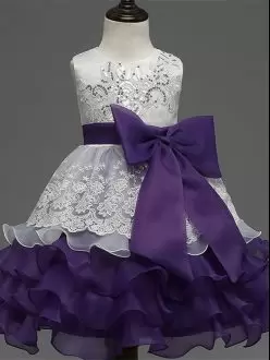 White And Purple Ball Gowns Scoop Sleeveless Organza Tea Length Zipper Lace and Ruffled Layers and Bowknot Little Girl Pageant Dress
