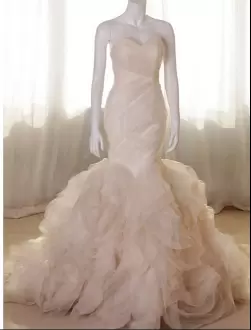 Excellent Sweetheart Sleeveless Wedding Gowns With Train Sweep Train Ruffled Layers and Ruching Pink Organza