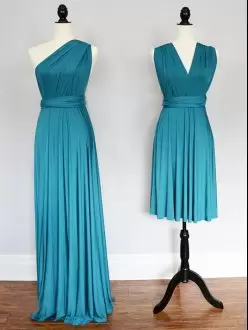 Charming Empire Bridesmaids Dress Teal One Shoulder Chiffon Sleeveless Floor Length Lace Up