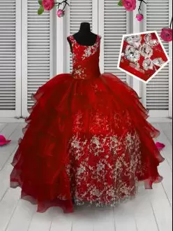Inexpensive Floor Length Red Little Girl Pageant Gowns Straps Sleeveless Lace Up